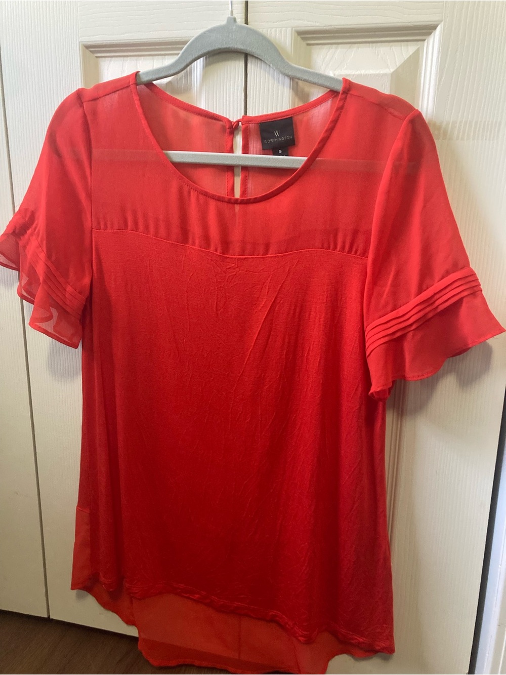 Worthington Coral-Red Sheer Yoke Flutter Sleeve Top
